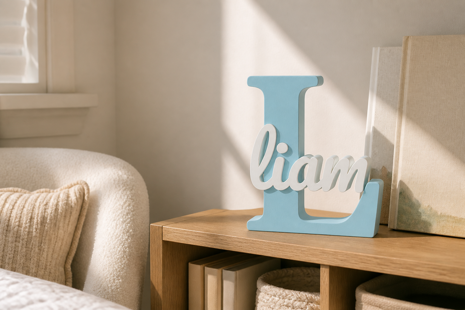Lettre L bleue avec le prénom Liam, posée près de livres