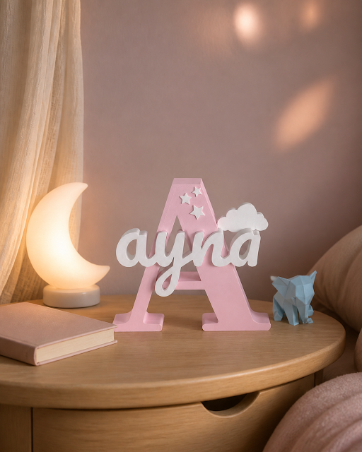 Lettre décorative rose avec le prénom Ayna intégré, posée sur une table de chevet dans une chambre d’enfant chaleureuse.