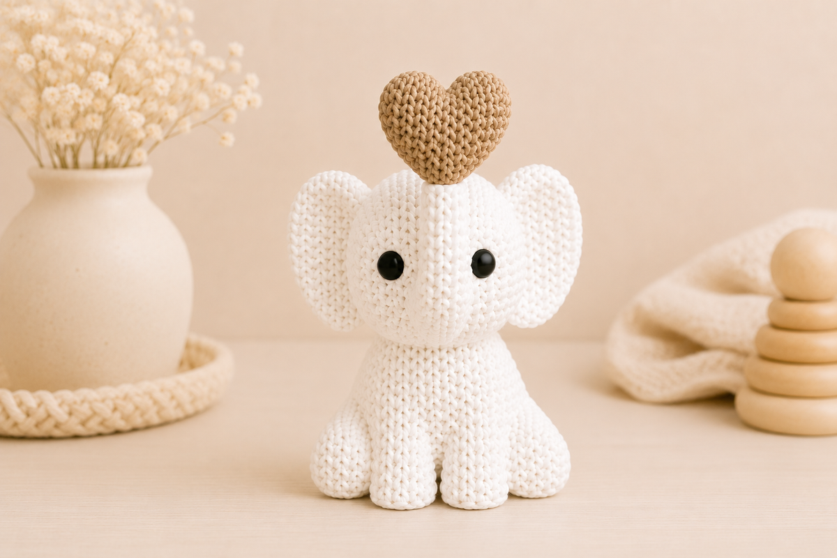 Petit éléphant décoratif Ayna blanc avec cœur beige