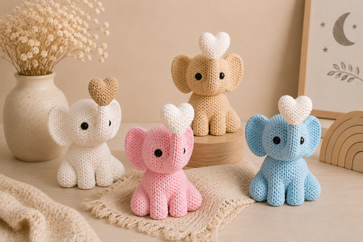 Quatre petits éléphants décoratifs Ayna en blanc, rose, beige et bleu dans une chambre d’enfant