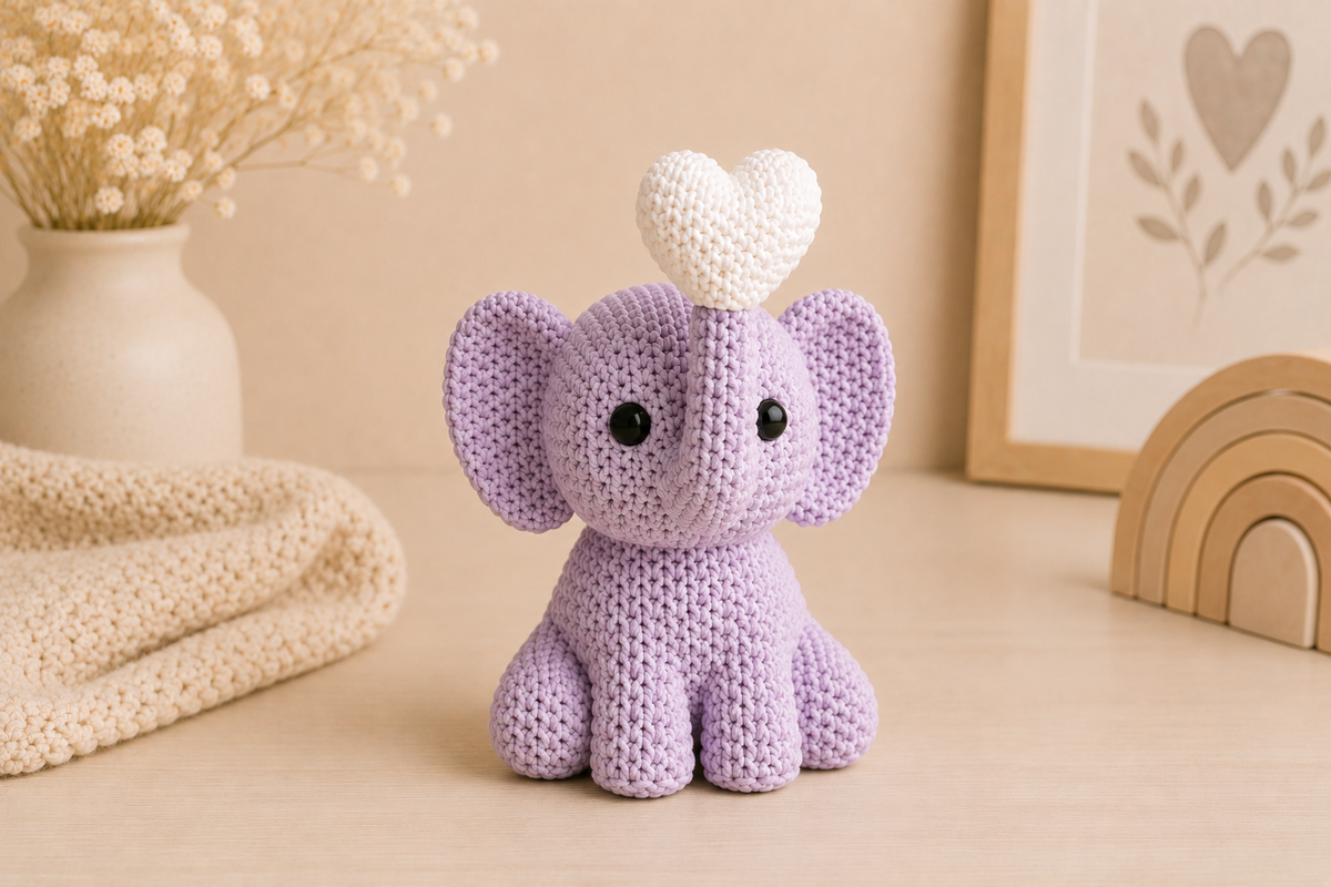 Petit éléphant décoratif Ayna parme avec cœur blanc